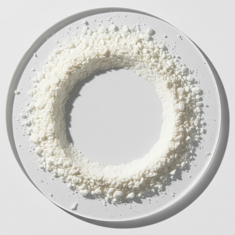 White powder arranged in a circular pattern on a white plate with a light gray background